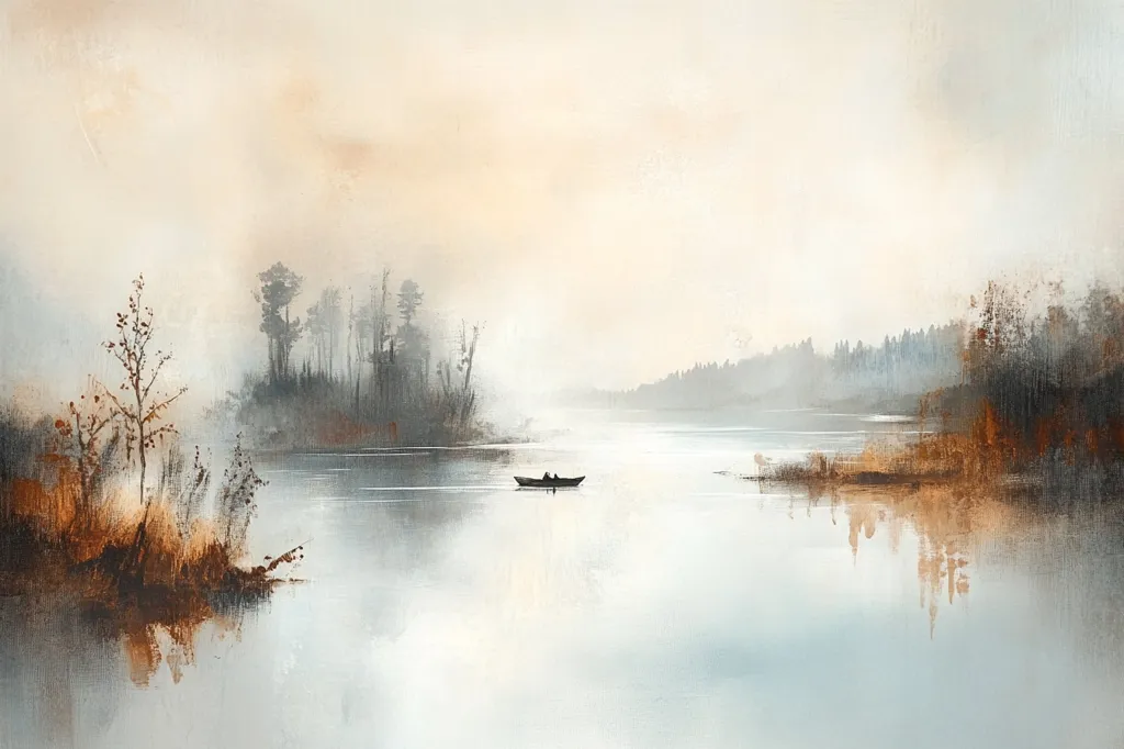 A serene landscape painting depicts a misty lake with a small boat in the distance. The water is calm and reflective, with soft brushstrokes creating a hazy atmosphere.  Trees line the shoreline, their silhouettes barely visible through the fog, adding to the sense of tranquility and solitude. The colors are muted and earthy, creating a calming and ethereal ambiance.
