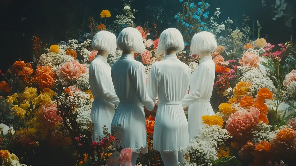 Four women with short, white hair stand in a field of colorful flowers. They wear white dresses and are positioned in a row.  The flowers are in shades of pink, orange, yellow, and white. The background is blurred, creating a soft, dreamlike effect. The women's expressions are unreadable, adding to the mysterious mood.  The image evokes a sense of beauty, mystery, and perhaps a touch of melancholy.