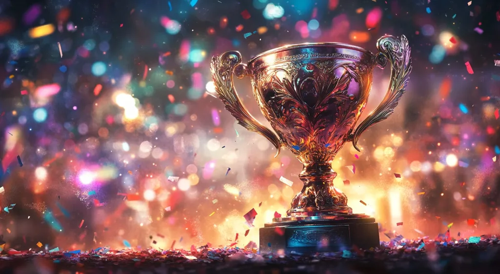 A golden trophy with an ornate design stands on a black pedestal, surrounded by a flurry of colorful confetti. The background is a blur of bokeh lights, creating a celebratory and festive atmosphere. The image evokes a sense of achievement and triumph.