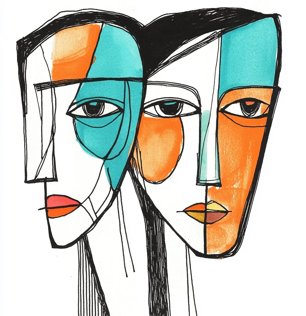 The image is an abstract portrait of two faces, one on each side of the picture, partly overlapping. The faces are drawn with black lines and filled in with orange, yellow, and turquoise colours.  The faces appear to be close, with their eyes meeting, creating a sense of intimacy and connection. The overall style is minimalist and geometric.