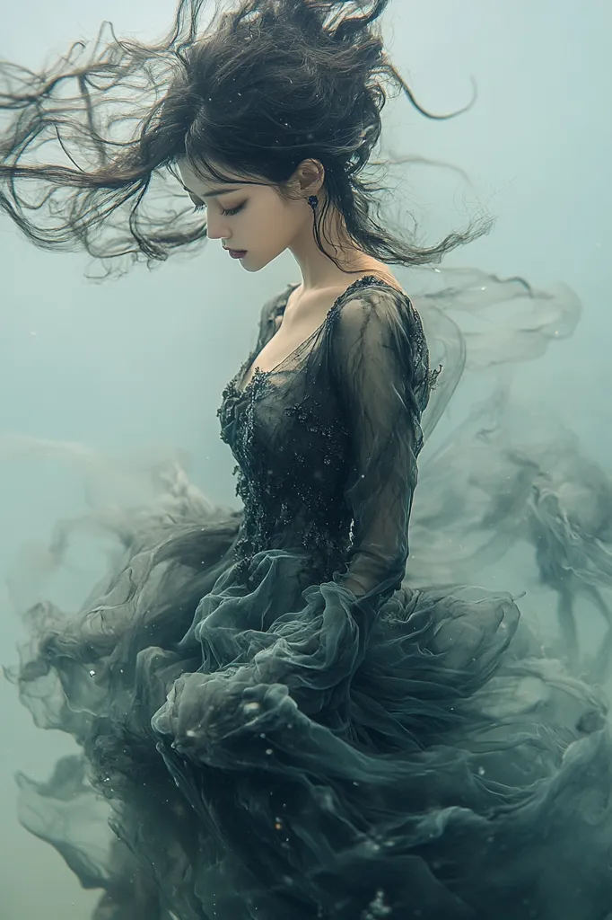 A woman with long dark hair wears a flowing black gown with intricate embroidery. Her head is bowed as if in sadness, and she seems to be engulfed in a swirling, misty cloud of fabric. The background is a soft blue-green, adding to the ethereal feel of the image. The overall mood is one of mystery and melancholy.