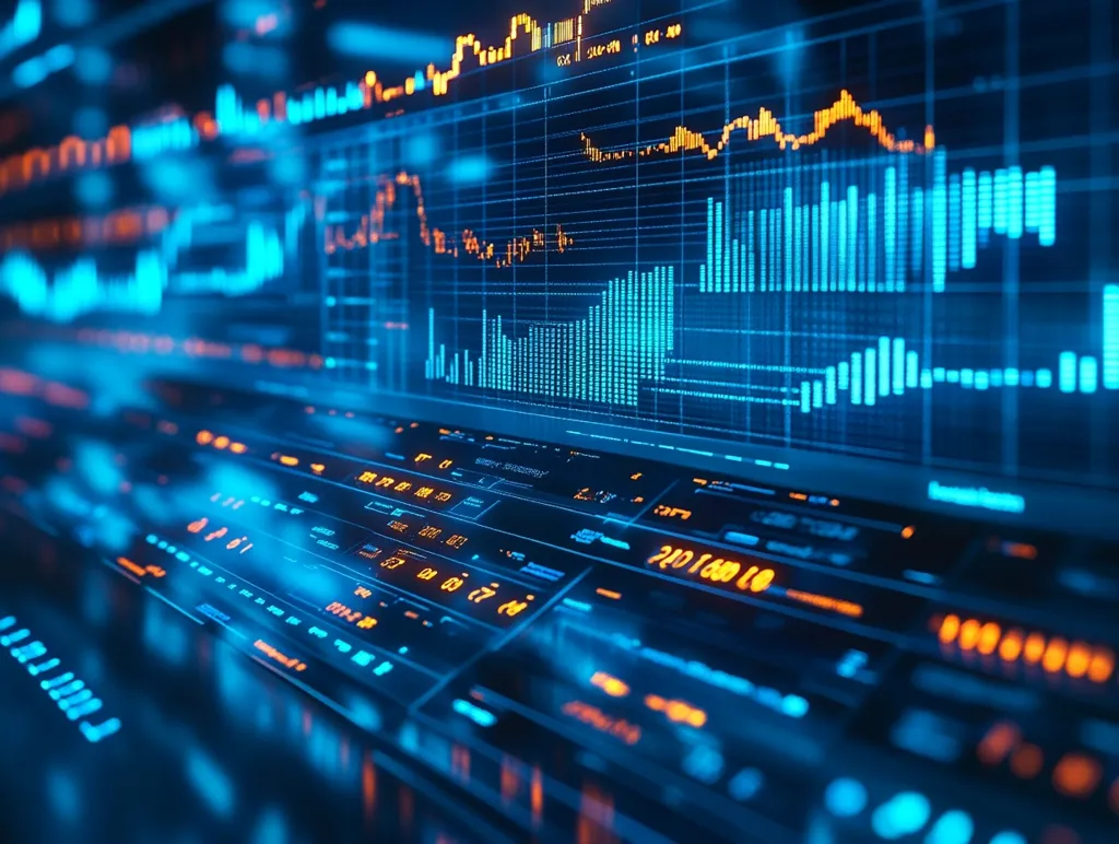 A close-up shot of a computer screen displaying a complex financial data visualization. The screen is dominated by a blue and orange color scheme, with various lines, graphs, and numbers indicating market trends. The image evokes a sense of data-driven decision-making and the rapid pace of modern finance. The blurred background adds a sense of depth and dynamism.
