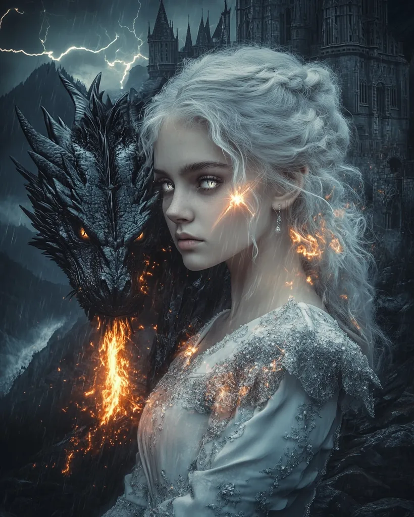 A young woman with long white hair stands next to a large black dragon. The woman is wearing a white dress with a silver sheen. Her skin is pale and her eyes are a striking blue. The dragon's scales are sharp and its eyes glow red. The image is set against a backdrop of a dark castle and a stormy sky with lightning. Sparks of fire shoot from the dragon's mouth and the woman's hair.