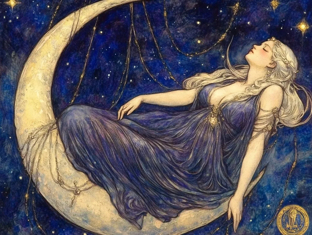 A woman with long blonde hair lays asleep on a crescent moon. The moon is adorned with golden chains and pearls, and the night sky is filled with stars. The woman is wearing a flowing purple gown, and her face is peaceful in sleep.  The artwork is rendered in a dreamy, ethereal style with soft watercolor hues.  The woman appears to be a celestial being, perhaps a goddess or moon deity.  The overall effect is one of tranquility and beauty.