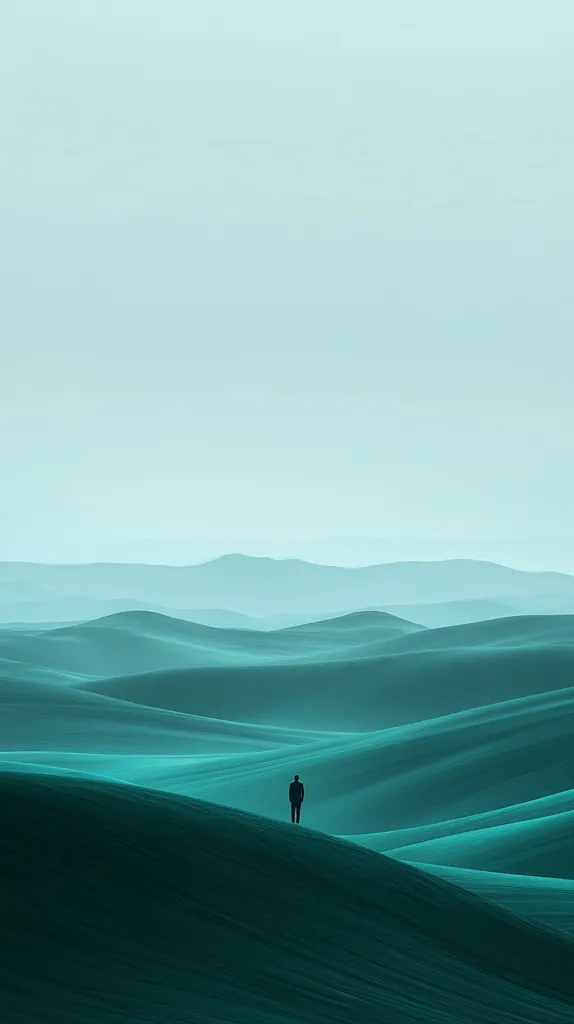 A solitary figure stands on a rolling, green landscape. The hills extend into the distance, creating a sense of vastness and isolation. The figure's silhouette against the muted background evokes a sense of contemplation and introspection. The overall color palette is a soothing blend of teal and aqua, creating a tranquil and serene atmosphere.  The image conveys a feeling of quietude and a connection with nature.