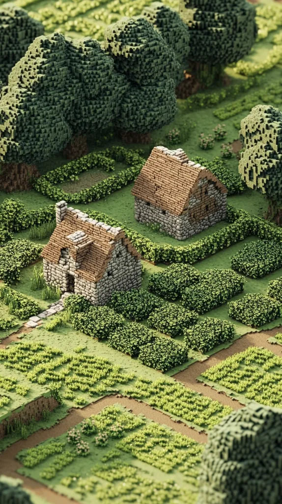 The image depicts a pixelated landscape with two stone houses and lush green foliage. The houses have brown roofs and are surrounded by hedges. The scene is reminiscent of a video game or a stylized miniature world. A path winds through the landscape, inviting the viewer to explore the pixelated environment. The overall image conveys a sense of tranquility and whimsy.
