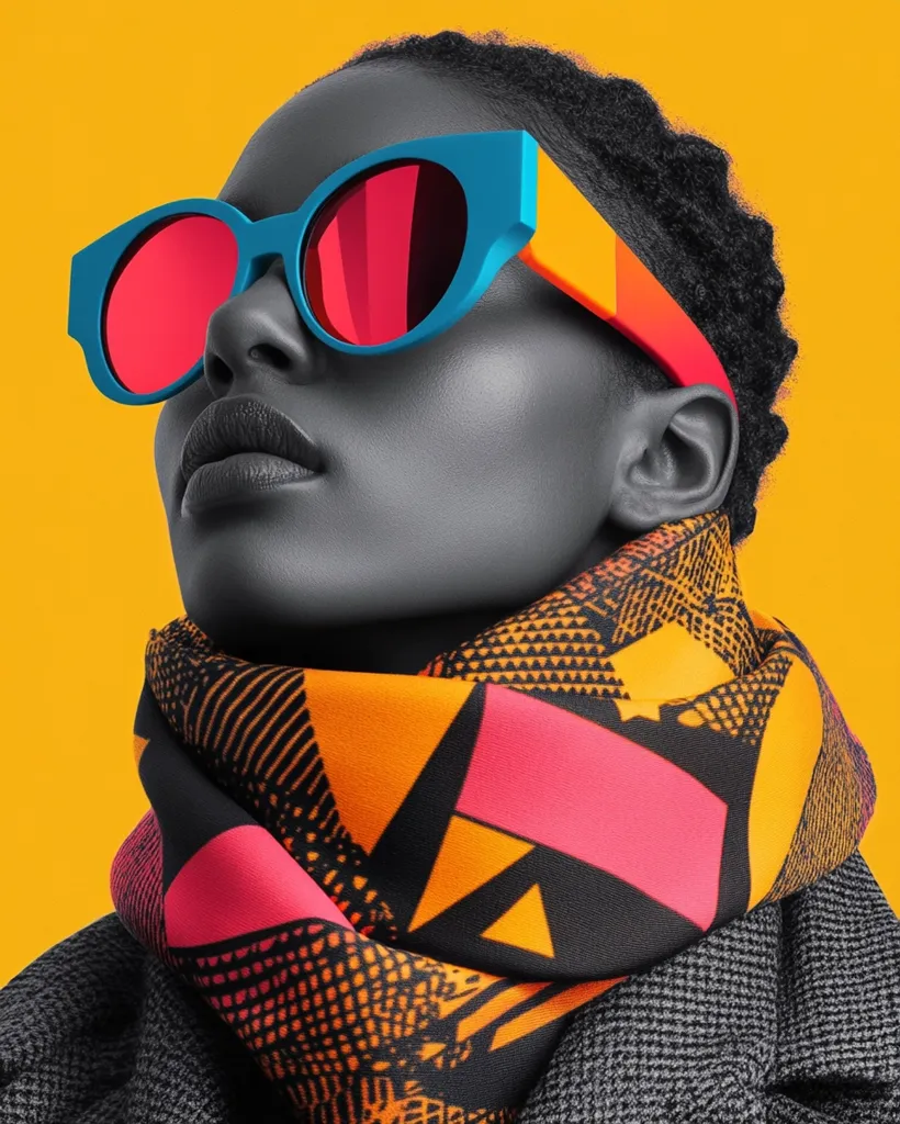 A woman with dark skin and short, curly hair is wearing a colorful scarf and large, bright sunglasses. The sunglasses are blue and orange with red lenses, and the scarf has a pattern of black, orange, and pink triangles and dots. The woman's face is turned upwards, and her eyes are closed. The background is a bright yellow.  The image has a bold and colorful feel, and the woman's confident expression suggests a sense of strength and individuality.  The overall composition of the image is dynamic and eye-catching.