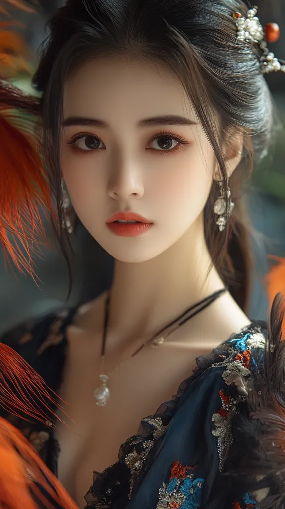 The image features a young woman with long, dark hair styled with an elaborate jeweled ornament. She's wearing a dark blue dress with intricate embroidery and a delicate silver necklace. Her eyes are large and expressive, and her lips are painted a soft coral color.  Her gaze is soft and slightly downcast, creating an air of mystery and allure.  The background features a soft blur of feathers, adding to the ethereal atmosphere of the portrait.