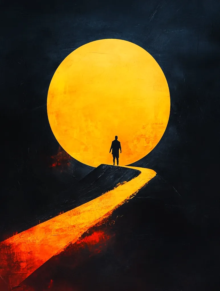 The image depicts a lone figure standing on a winding path illuminated by a giant, glowing, yellow orb. The path leads upward towards the orb, set against a dark, textured background. The figure's silhouette is stark against the bright orb, creating a sense of mystery and anticipation. The overall mood is one of isolation and contemplation, perhaps suggesting a journey of self-discovery.