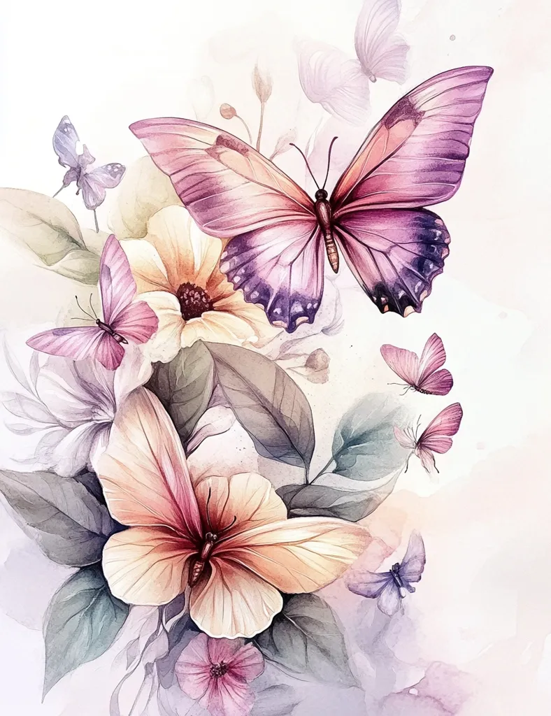 A watercolor painting depicts a large, vibrant purple butterfly with intricate markings, taking flight above a cluster of delicate flowers and leaves. Smaller butterflies in various shades of purple and pink flutter around the scene, adding to the ethereal ambiance. The overall effect is one of delicate beauty and gentle movement, captured in a soft, romantic style.