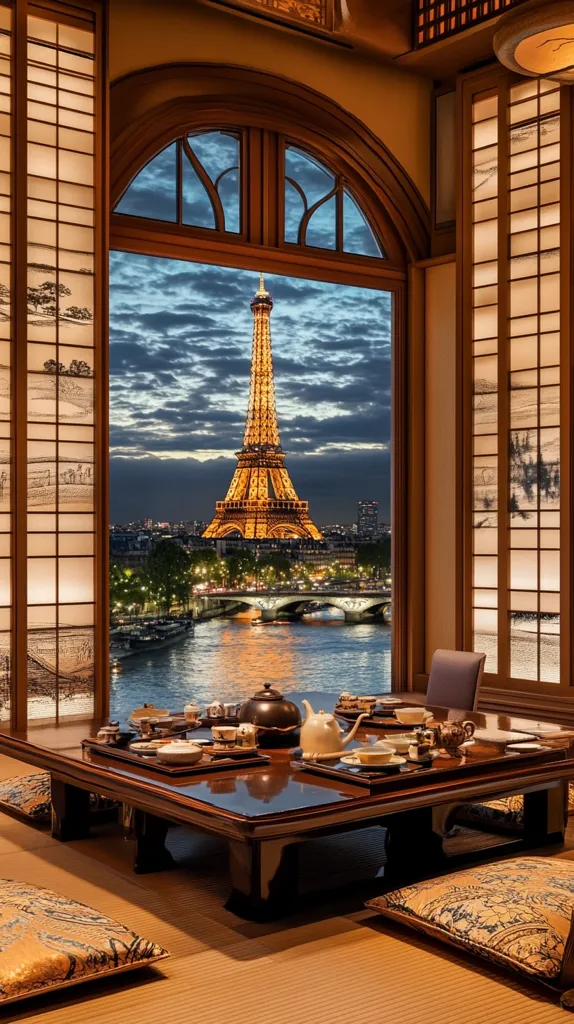 A traditional Japanese tea room with a low table and cushions on the floor. The room has a large window with an ornate wooden frame overlooking the Eiffel Tower in Paris. The tower is illuminated at night, and the river Seine is visible in the distance. The scene blends Parisian and Japanese aesthetics.  The room is dimly lit, creating a cozy and intimate atmosphere.