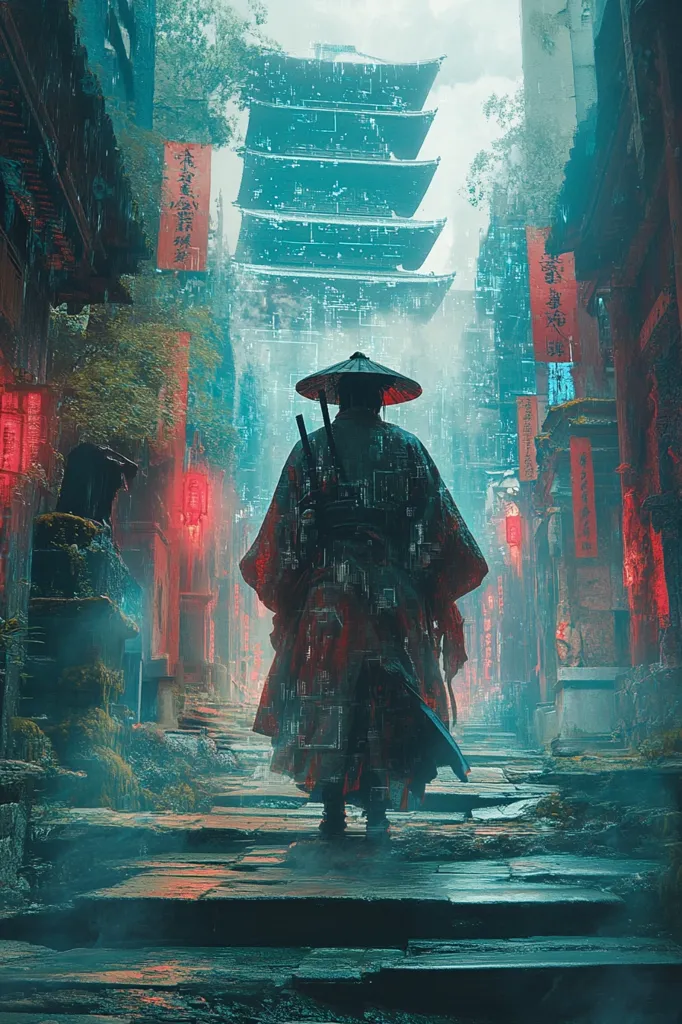 A lone figure, shrouded in shadow and a wide-brimmed hat, walks through a misty, cyberpunk-inspired Japanese city. The towering pagoda in the distance is obscured by digital glitches, adding to the surreal atmosphere. Red lanterns cast a warm glow on the stone steps, contrasting with the cool blues and greens of the environment. The figure's path is shrouded in mystery, leaving the viewer to wonder about their destination and purpose.