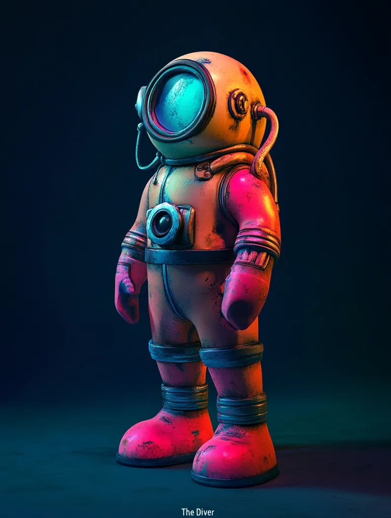 The image shows a cartoon-like diver in a vintage diving suit. The suit is yellow with pink accents and has a large, round helmet with a blue-tinted visor. The diver is standing on a dark blue surface and is illuminated by a colorful light. The image has a retro feel and is likely meant to be humorous. The caption "The Diver" is written below the image.