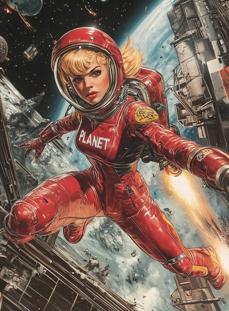 A woman in a red spacesuit with the word "PLANET" on her chest, is flying through space. She has blonde hair and a determined expression on her face. She is wearing a helmet and has a jetpack on her back. The image is set against a backdrop of a space station and other spacecraft, as well as a blue and white planet. The image is full of action and excitement, with a sense of adventure and danger.