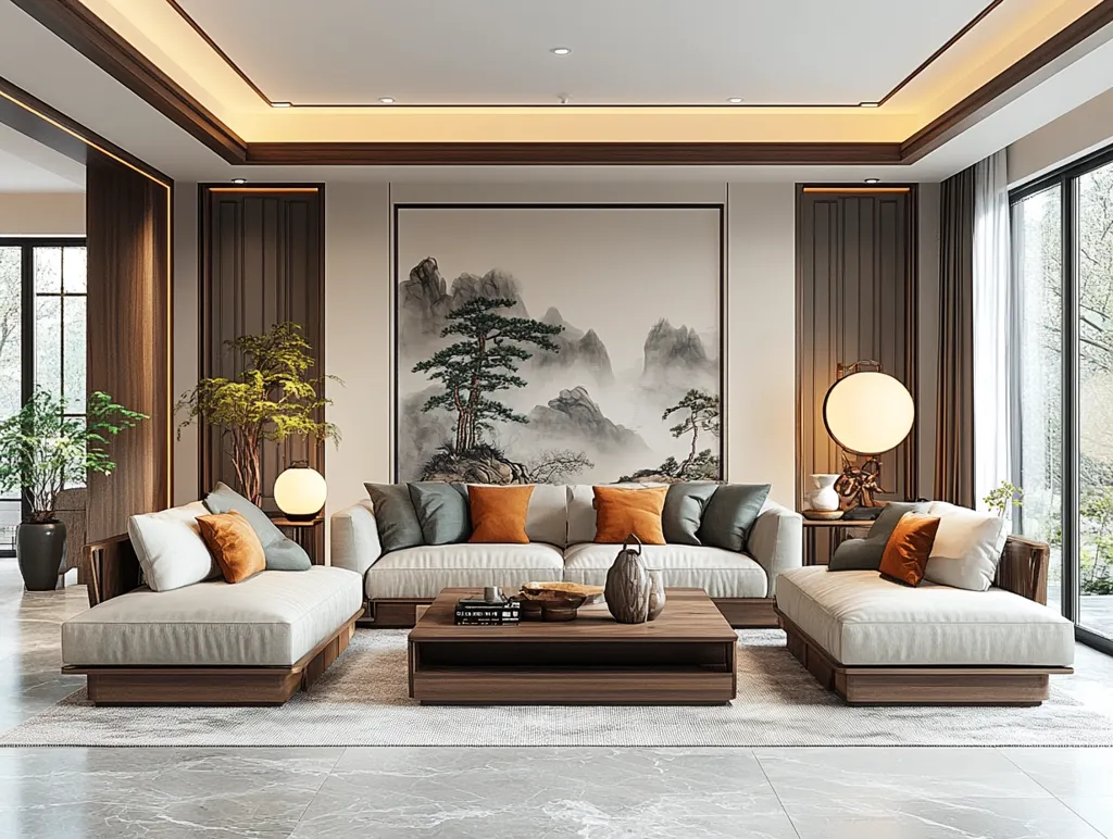 The image shows a modern living room with a minimalist aesthetic. The room is dominated by a large white sofa with a matching ottoman. The sofa is flanked by two smaller ottomans, creating a comfortable seating area. A coffee table sits in the center, holding a decorative pumpkin and books. The walls are adorned with a large artwork featuring a mountain scene and a wooden panel. The room is bathed in natural light from a large window, creating a sense of peace and tranquility.