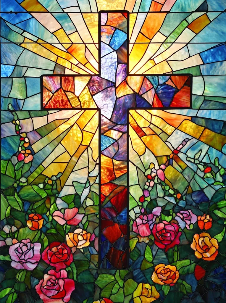 This image depicts a stained glass window with a large cross in the center. The cross is made of colorful glass pieces and the background shows a vibrant sun rising with rays of light. There is a lush floral arrangement at the bottom, comprised of various colored roses and leaves. The intricate design and the use of light create a beautiful and spiritual image.