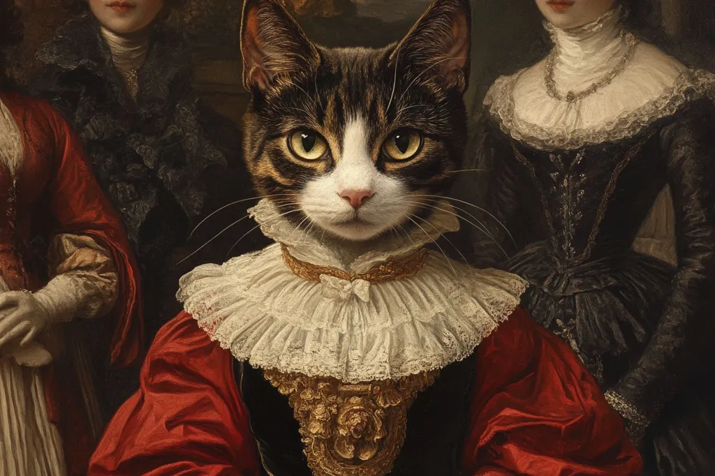 The image depicts a cat dressed in a regal, historical costume. The cat is the central figure, with its head and upper body visible, while the lower half of its body and two other figures are cut off by the frame. The cat is wearing a red and gold dress with a white lace collar, and it has a serious expression on its face. The background is dark and blurry, highlighting the cat as the subject of the painting. The image has a humorous and whimsical feel, playing with the concept of animal portraits and human attire.
