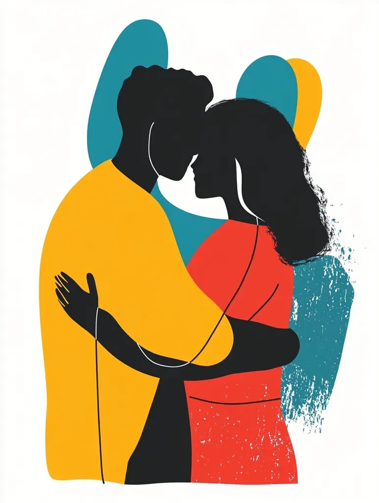 The image depicts a couple embracing each other, their silhouettes outlined against a vibrant backdrop of yellow, blue, and red. The man, dressed in yellow, wraps his arm around the woman, who is wearing a red dress. Their heads are close together, suggesting a moment of intimacy and affection. The background features abstract shapes and textures, adding a playful and artistic touch. The couple's silhouettes are simple yet expressive, conveying a sense of love and connection.