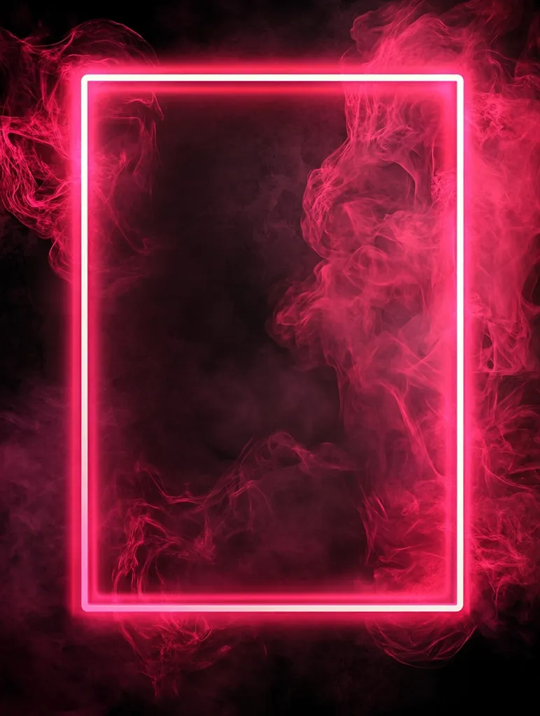 A bright pink neon square frame glows in the center of the image. The frame is surrounded by wispy pink smoke, creating a hazy and ethereal atmosphere. The background is dark, making the neon glow even more vibrant and eye-catching. The image has a futuristic and abstract feel, with the smoke adding a sense of mystery and intrigue.