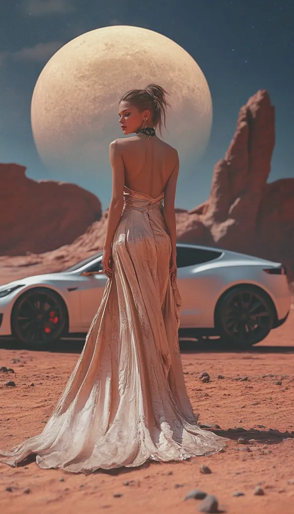 A woman in a flowing beige gown stands in a desert landscape, her back to the viewer. A large, full moon hangs in the sky, and a sleek white car is parked behind her. The setting is dramatic, with red sand and rocky formations, evoking a sense of otherworldly beauty.
