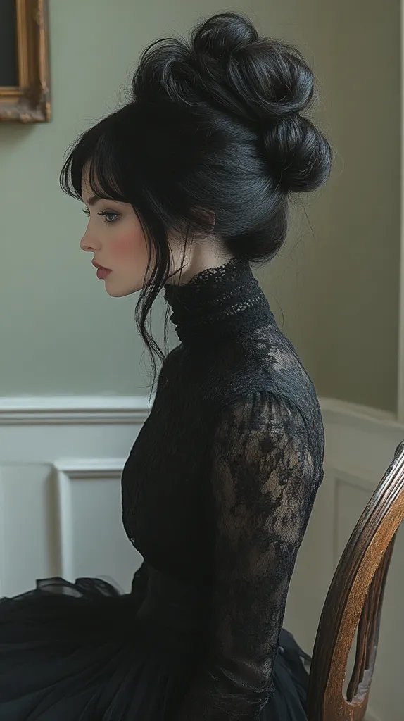 A woman with dark, voluminous hair styled in two buns sits in a chair. She is dressed in a black lace turtleneck top and a black tulle skirt. Her posture is relaxed and her expression is thoughtful. The background is a soft, muted green. The image evokes a sense of classic elegance and mystery.