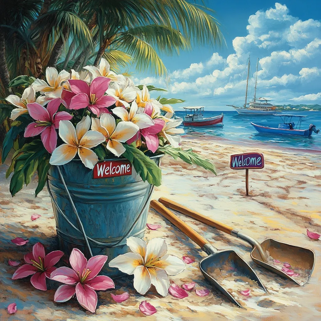 A vibrant tropical scene unfolds, showcasing a bucket brimming with lush, pink and white flowers, nestled on a sandy beach. The flowers cascade over the edges, scattering petals across the warm sand. Two wooden-handled shovels lay beside the bucket, hinting at playful beach activities.  The background features a sail boat gliding on azure waters, further enhancing the idyllic atmosphere. A "Welcome" sign greets visitors, inviting them to embrace the tranquil beauty of this paradise.