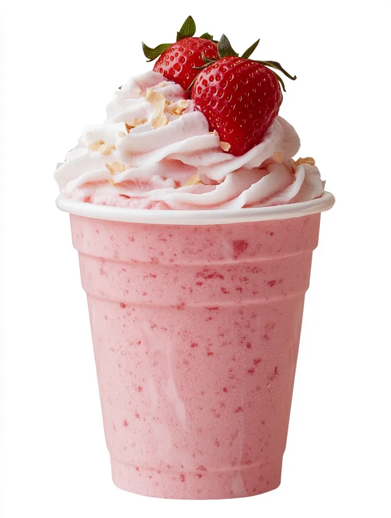 A pink milkshake, topped with whipped cream and two strawberries. The milkshake is in a white plastic cup, with a slightly textured surface. The strawberries are fresh and juicy, and the whipped cream is fluffy and delicious. The drink is a perfect summer treat, and the bright red strawberries and pink milkshake create a visually appealing combination.