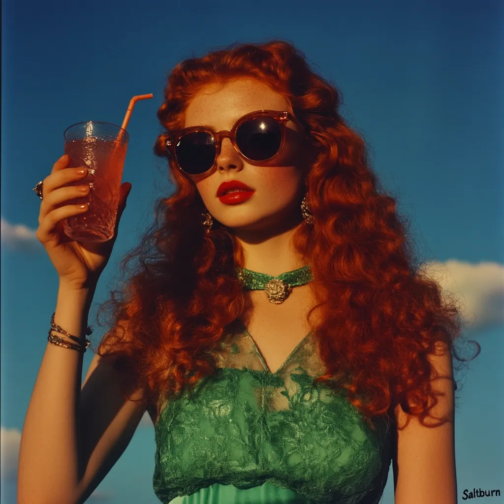 A young woman with long, fiery red hair wears large sunglasses and a green lace dress. She holds a glass of pink liquid with a straw in one hand and has a bright red lipstick. The background is a clear blue sky with fluffy white clouds. The overall tone of the image is bright and colorful, with a slight retro feel.