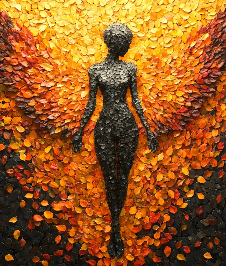 The image is an abstract depiction of a woman formed by a mosaic of autumn leaves. Her body is outlined in black, while the wings extend from her shoulders are made of layered leaves in shades of orange, red, and brown. The leaves create a sense of movement and depth, suggesting a transformation or a journey. The artwork evokes a sense of beauty, fragility, and the cyclical nature of life.