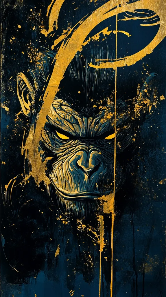 The image features a close-up of a dark-haired ape's face. The ape's eyes are bright yellow and stare intensely at the viewer. The background is a dark blue with splatters of gold paint, creating a bold and dramatic contrast. The image appears to be digitally created with a stylized look and a sense of artistic expression.