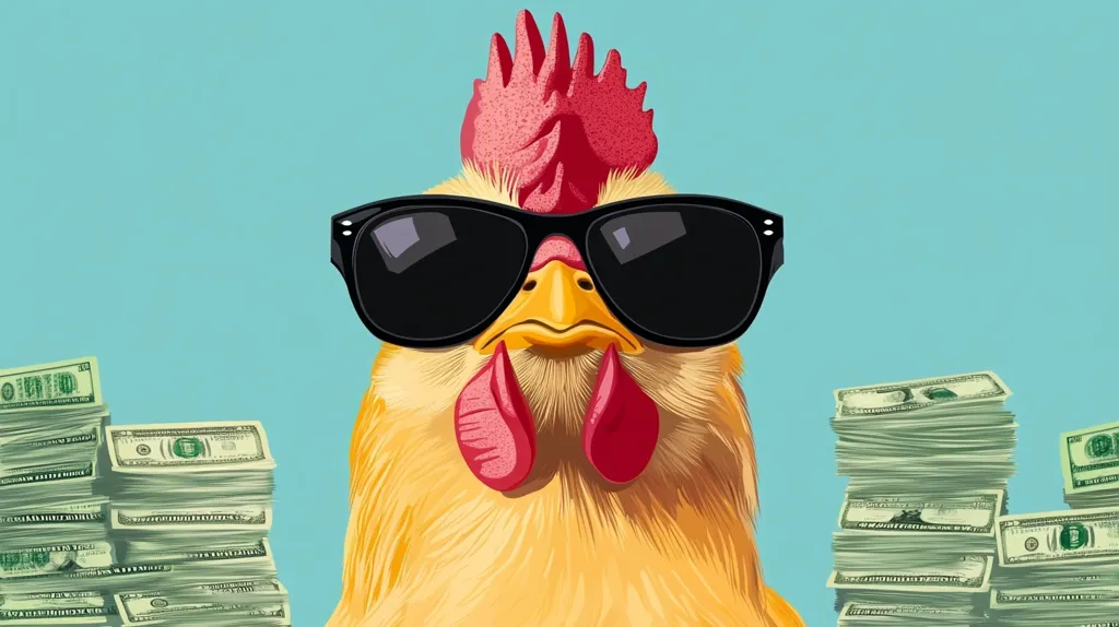 A rooster wearing sunglasses sits in front of stacks of money. He is looking directly at the viewer with a serious expression. The background is a light blue color. The rooster's feathers are yellow, and the money is in stacks of dollar bills. The image is humorous and playful.
