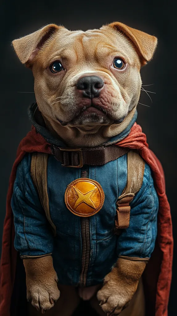 A brown and white dog with a sweet face is dressed in a superhero costume, complete with a blue and brown jumpsuit, a red cape, and a yellow star emblem on its chest. It stands against a dark background, its paws resting on the ground, looking towards the camera with wide, innocent eyes. The dog's costume and playful expression create a sense of whimsy and superheroic charm.