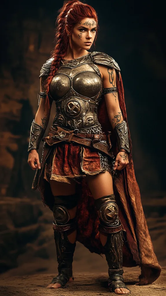 A fierce female warrior, clad in intricately designed armor and a flowing red cloak, stands confidently against a dark backdrop. Her piercing gaze, accentuated by tattoos on her face, suggests a formidable spirit. Her long, braided red hair adds a touch of femininity to her battle-ready appearance, highlighting the contrast between strength and beauty.  The scene evokes a sense of power and determination, capturing the essence of a warrior woman ready for combat.