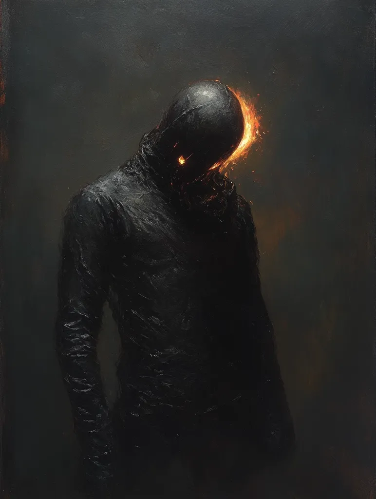 The image depicts a shadowy figure with a burning head, standing against a dark background. The figure is hunched over, its head bowed down. The flames on its head appear to be consuming its form, leaving a trail of glowing embers. The overall tone of the image is dark and foreboding, suggesting a sense of suffering or destruction. The lack of facial features adds to the mystery and ambiguity of the subject. The painting's style is realistic, with a textured brushwork that creates a sense of depth and dimension.