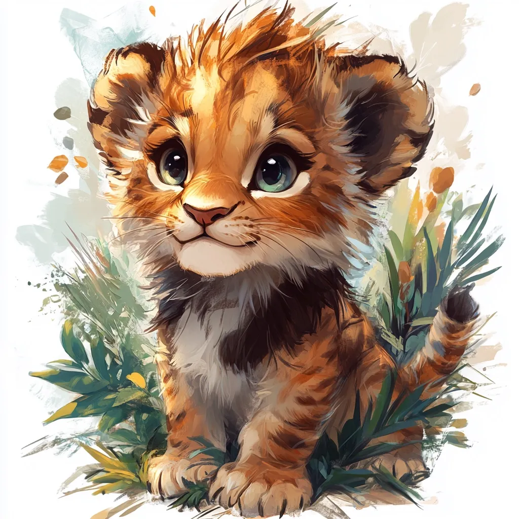 A cute, cartoon-style lion cub with large, expressive eyes sits in a field of green grass. It has soft, fluffy fur and a sweet expression on its face. The background is a watercolor wash of blue and white, suggesting a dreamy, whimsical atmosphere. The cub's tail curls around its hind legs, and it looks up with a curious gaze. The image evokes feelings of joy, innocence, and wonder.