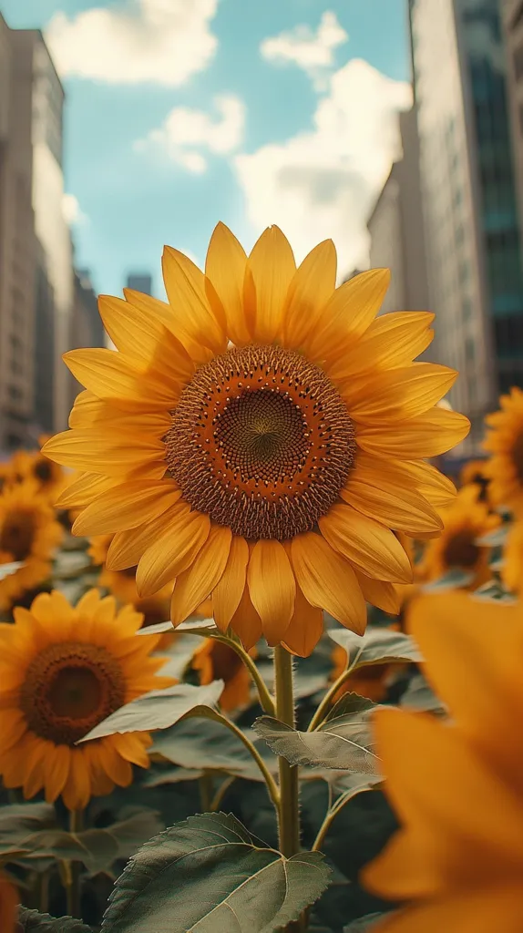 A vibrant yellow sunflower stands tall against a backdrop of city buildings and a partly cloudy sky. Its petals are bright and open, revealing a rich brown center. The sunflower is surrounded by other blooms, creating a field of sunshine. Green leaves frame the scene, providing a contrast to the bright yellow of the flowers. The image captures a moment of beauty and serenity amidst the urban landscape.