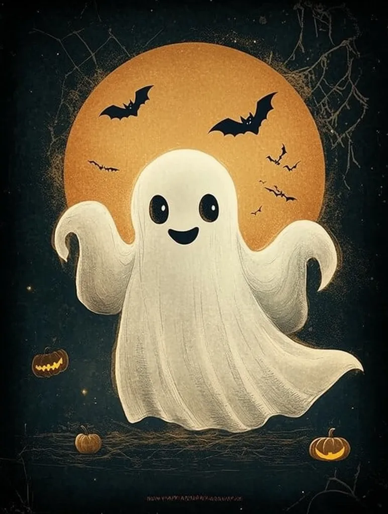 The image is a cute and whimsical depiction of a ghost. The ghost is white and translucent, with a friendly, smiling face. It is standing in front of a large, orange moon, surrounded by bats flying in the night sky.  There are three jack-o'-lanterns on the ground, adding to the Halloween theme. The overall impression is festive and lighthearted, suggesting a fun and playful celebration of Halloween.