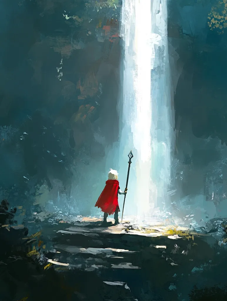 A lone figure, clad in a crimson cloak, stands at the precipice of a rocky ledge. They hold a staff tipped with a glowing orb, gazing towards a brilliant white waterfall cascading down from the heavens. The scene is painted in a watercolor style, creating a sense of ethereal beauty and mystery.  The figure's silhouette against the radiant waterfall evokes a sense of awe and wonder.
