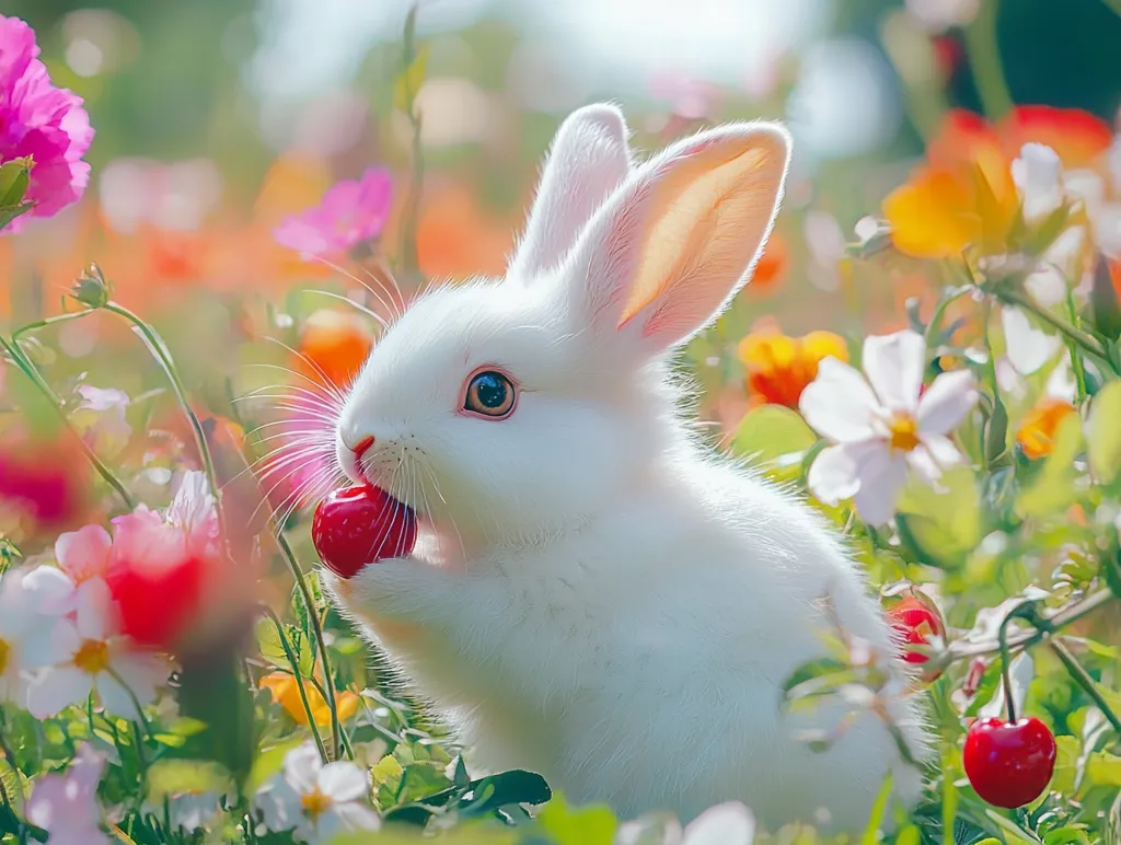 A white rabbit sits in a field of blooming flowers, delicately nibbling on a red cherry. The soft sunlight casts a warm glow on the bunny's fur and the vibrant colors of the flowers. The image evokes a sense of innocence, joy, and the beauty of nature.  The bunny's large ears stand up alertly, while its eyes are focused on the sweet treat in its paws.