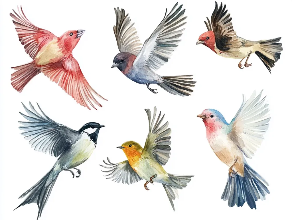 The image depicts six watercolor birds in various poses against a white background. The birds are all different species, with vibrant colors and intricate details. The birds are in flight, with their wings outstretched and their tails trailing behind them.  They appear to be flying freely and gracefully, creating a sense of motion and life.