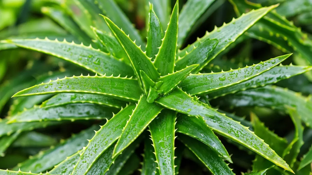 A close-up of a succulent plant with sharp, spiky leaves. The leaves are a vibrant green and have a glossy, wet appearance. There are small water droplets scattered across the surface of the leaves, suggesting that the plant has recently been rained on. The leaves are arranged in a spiral pattern, radiating outward from the center of the plant. The image captures the intricate details and textures of this fascinating plant.