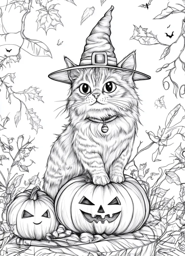 A cute cat wearing a witch hat sits on top of a large jack-o-lantern. A smaller pumpkin sits beside it. The scene is set in a forest with fallen leaves, twigs, and bats flying overhead. The image is drawn in black and white with intricate detail. The cat looks up with large, round eyes, adding a touch of whimsy to the Halloween-themed image.