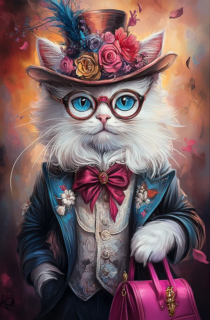 The image depicts a white cat dressed in a blue jacket, a white vest adorned with floral patterns, and a crimson bowtie. It wears a top hat decorated with a feather and colorful flowers. The cat has round blue eyes behind thick-rimmed glasses and holds a pink handbag. The background is a soft, abstract blend of colors. The overall impression is one of playful elegance and whimsical charm.