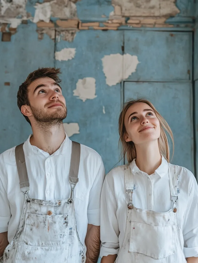 A man and a woman, both wearing white shirts and white overalls covered in paint splatters, stand in front of a peeling blue wall. They are both looking upwards, perhaps at a project they are working on. Their expressions are calm and content, suggesting they are enjoying their work. The image captures the essence of teamwork and a sense of accomplishment in a creative environment.