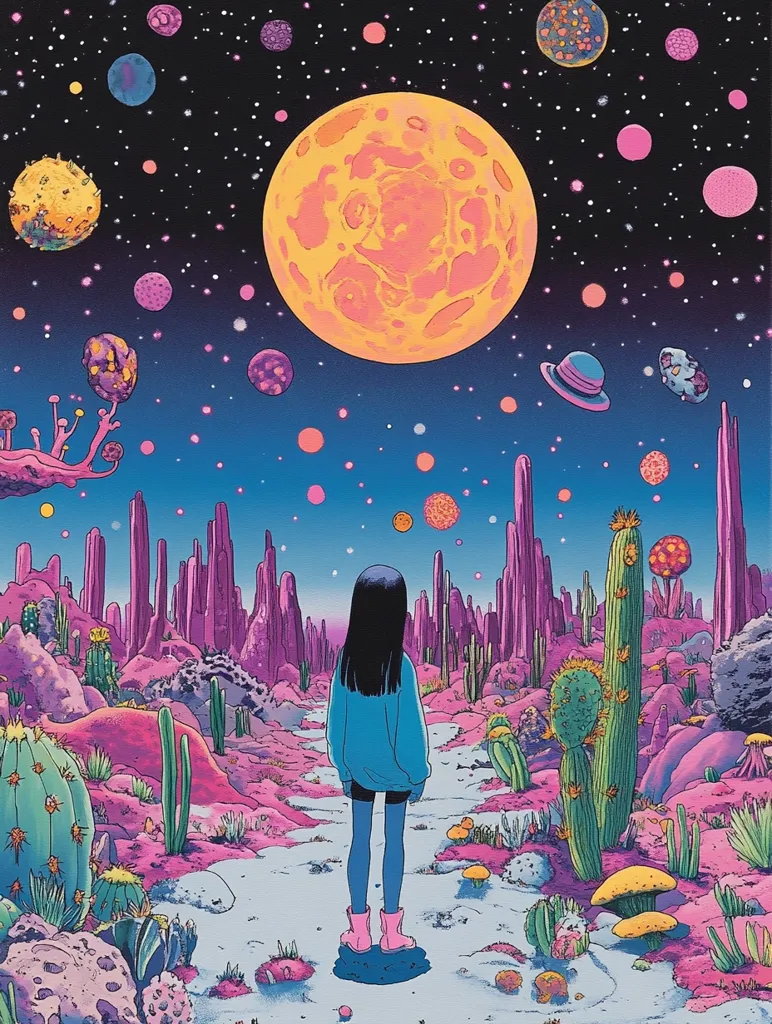 The image depicts a surreal landscape with a large, bright moon in the sky and a lone figure standing in a desert-like environment. The sky is filled with stars and other planets, and the ground is covered in cacti, rocks, and strange, alien-looking plants. The figure is wearing blue clothing and has long black hair, and they are looking up at the moon. The overall atmosphere is dreamy and otherworldly, with a sense of mystery and wonder.
