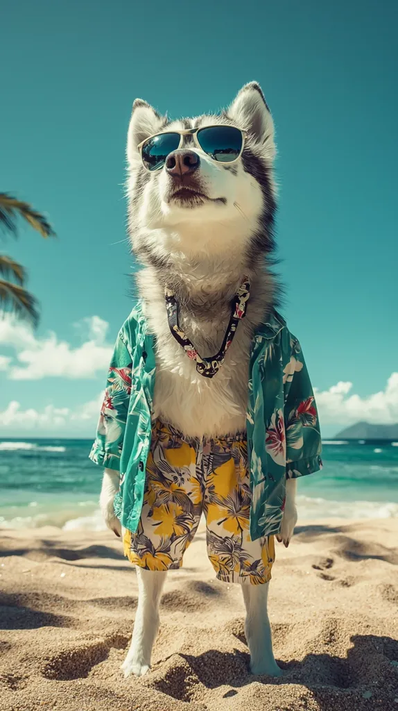A husky dog is dressed in a tropical shirt and shorts.  The dog is standing on a sandy beach with the ocean behind it. The husky is wearing sunglasses and looks cool and relaxed.  The dog's fur is white and gray and it is looking straight ahead.  The dog is standing on the sand with its paws slightly sinking in.  The beach and ocean are beautiful and the sky is a bright blue.
