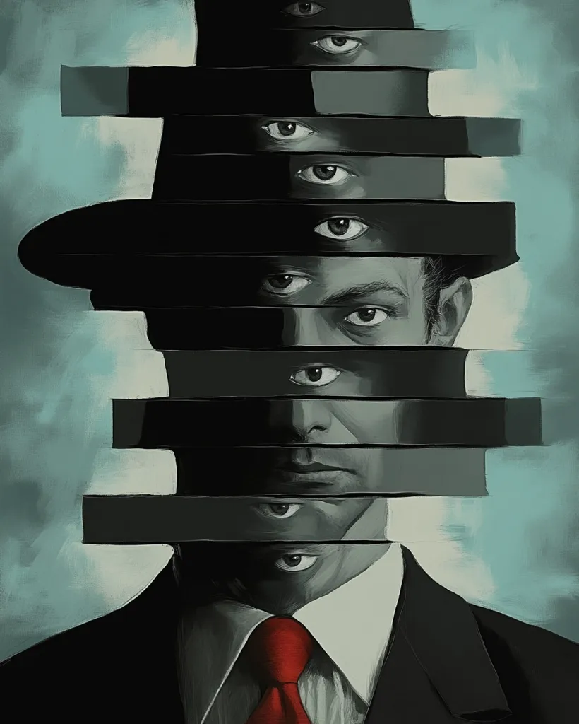 The image is a surreal depiction of a man wearing a black suit and a hat, whose face is segmented into multiple layers, each revealing a different pair of eyes. The background is a soft blue, creating a stark contrast with the dark and mysterious subject. The fragmented nature of the man's face suggests a multi-faceted personality or a sense of hidden depths. The red tie adds a pop of color and intrigue, hinting at a deeper meaning or story behind the fragmented image.  The overall impression is one of mystery and hidden secrets.