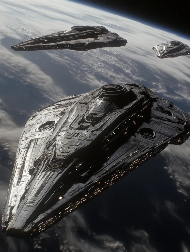 Three sleek, black spaceships fly in formation above a planet. The ships have a futuristic design, with sharp angles and intricate details. They are brightly lit, illuminating the cloudy planet below. The scene is reminiscent of a science fiction film, evoking a sense of awe and wonder.