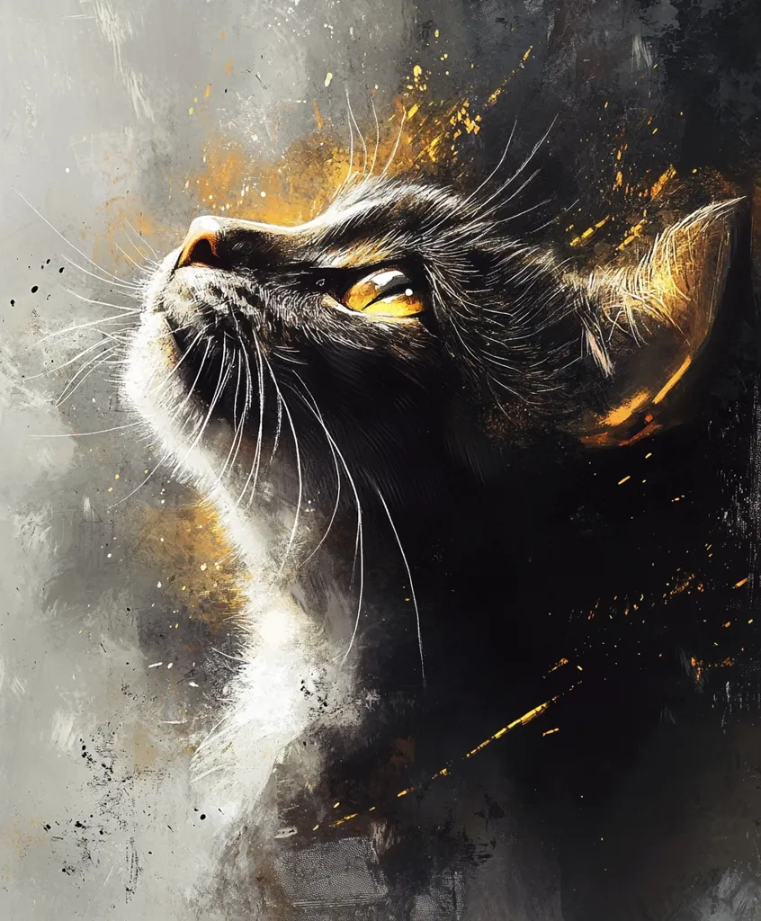 The image is a close-up portrait of a black cat, its head tilted upwards, looking towards a bright light source. The cat's fur is rendered in a realistic style, with a textured, painterly effect. The background is abstract and suggestive, with splashes of gold and a dark, almost shadowy tone. The cat's golden eyes reflect the light source, creating a sense of mystery and intrigue. The overall effect is both playful and dramatic, emphasizing the cat's beauty and mystique.