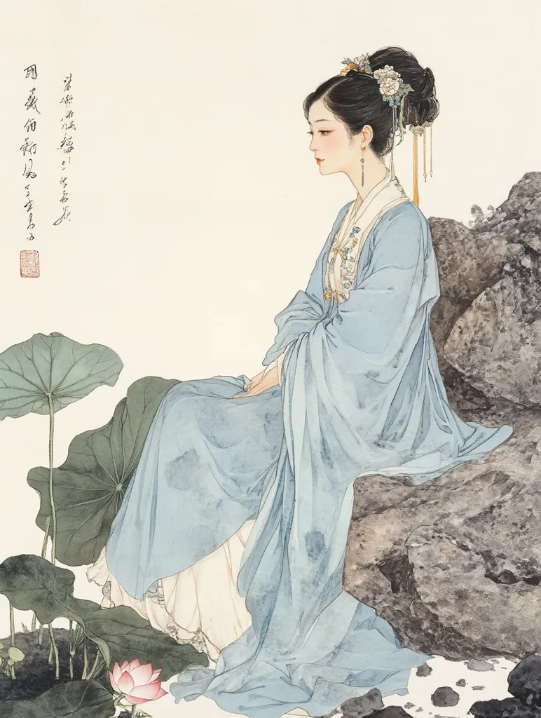 The image depicts a woman in traditional Chinese clothing, sitting on a rock with her legs crossed. She has long black hair adorned with white flowers, and she is wearing a flowing blue robe with white embroidery. The setting appears to be a garden, with lush green lotus leaves and a pink lotus flower in bloom. The woman's delicate features and graceful posture suggest a sense of serenity and contemplation. The painting is done in a soft, ethereal style, reminiscent of traditional Chinese ink-and-wash paintings.